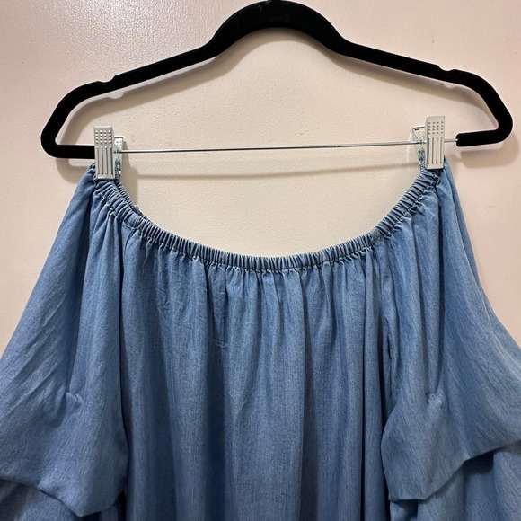 2/$30 Zara Mini Dress Premium Denim Chambray Puff Sleeve Size S Off Shoulder NWT - Picture 6 of 11